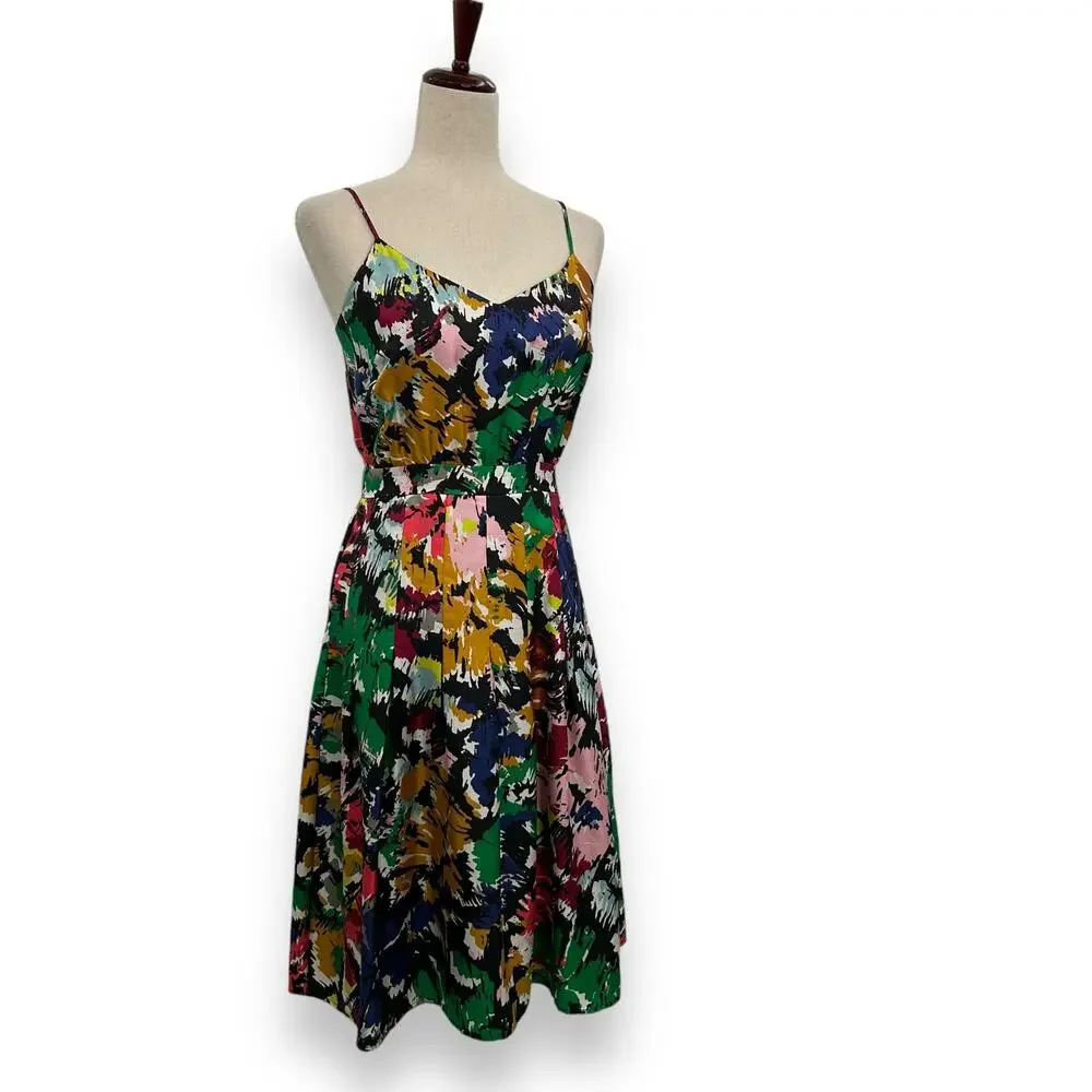 J. Crew Multicolor Floral Midi Dress - Green, Pink, Navy, Yellow